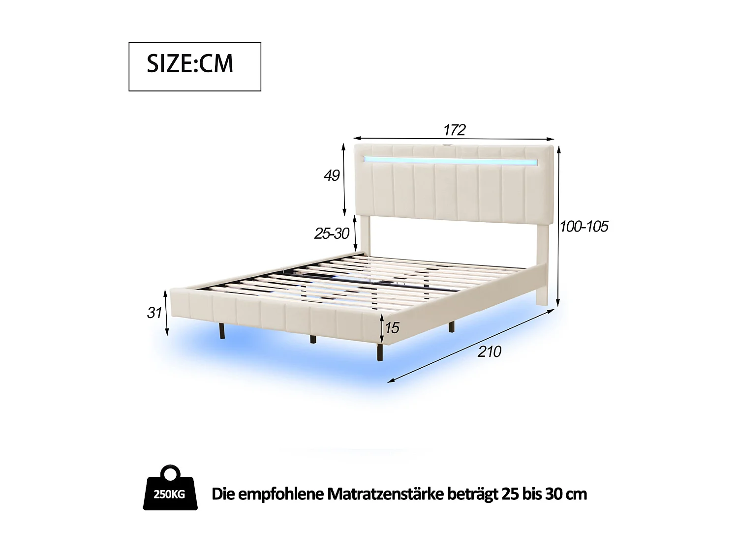 Cama de adulto tapizada, estructura de cama flotante con lámparas LED, cama doble plana con somier de láminas y cabecero LED, beige 160x200cm