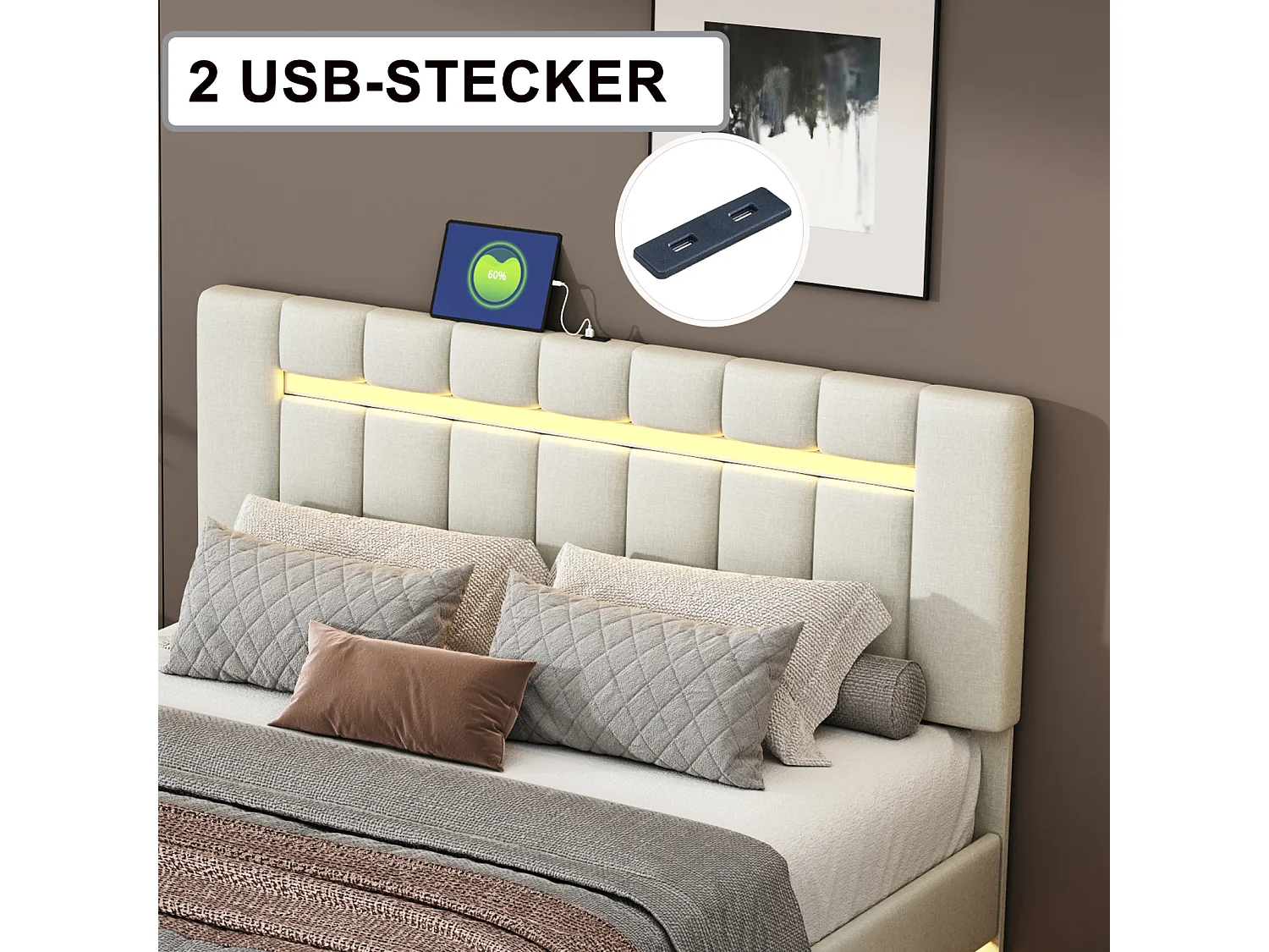 Cama de adulto tapizada, estructura de cama flotante con lámparas LED, cama doble plana con somier de láminas y cabecero LED, beige 160x200cm