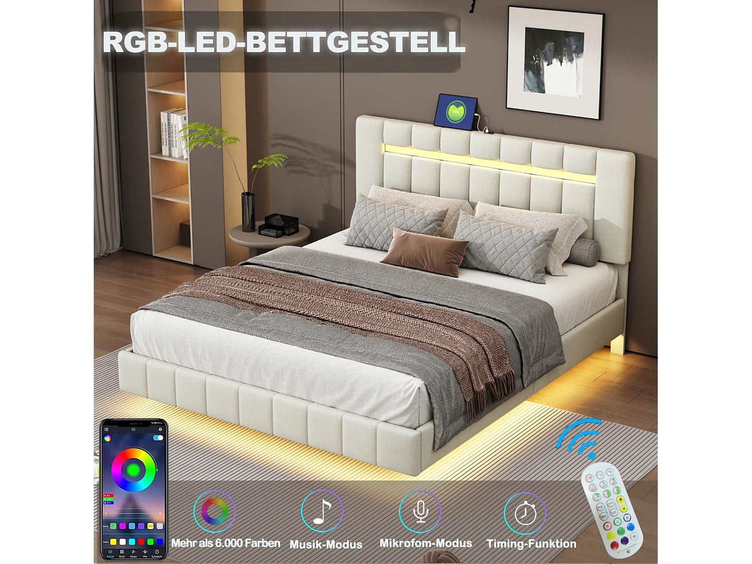 Cama de adulto tapizada, estructura de cama flotante con lámparas LED, cama doble plana con somier de láminas y cabecero LED, beige 160x200cm