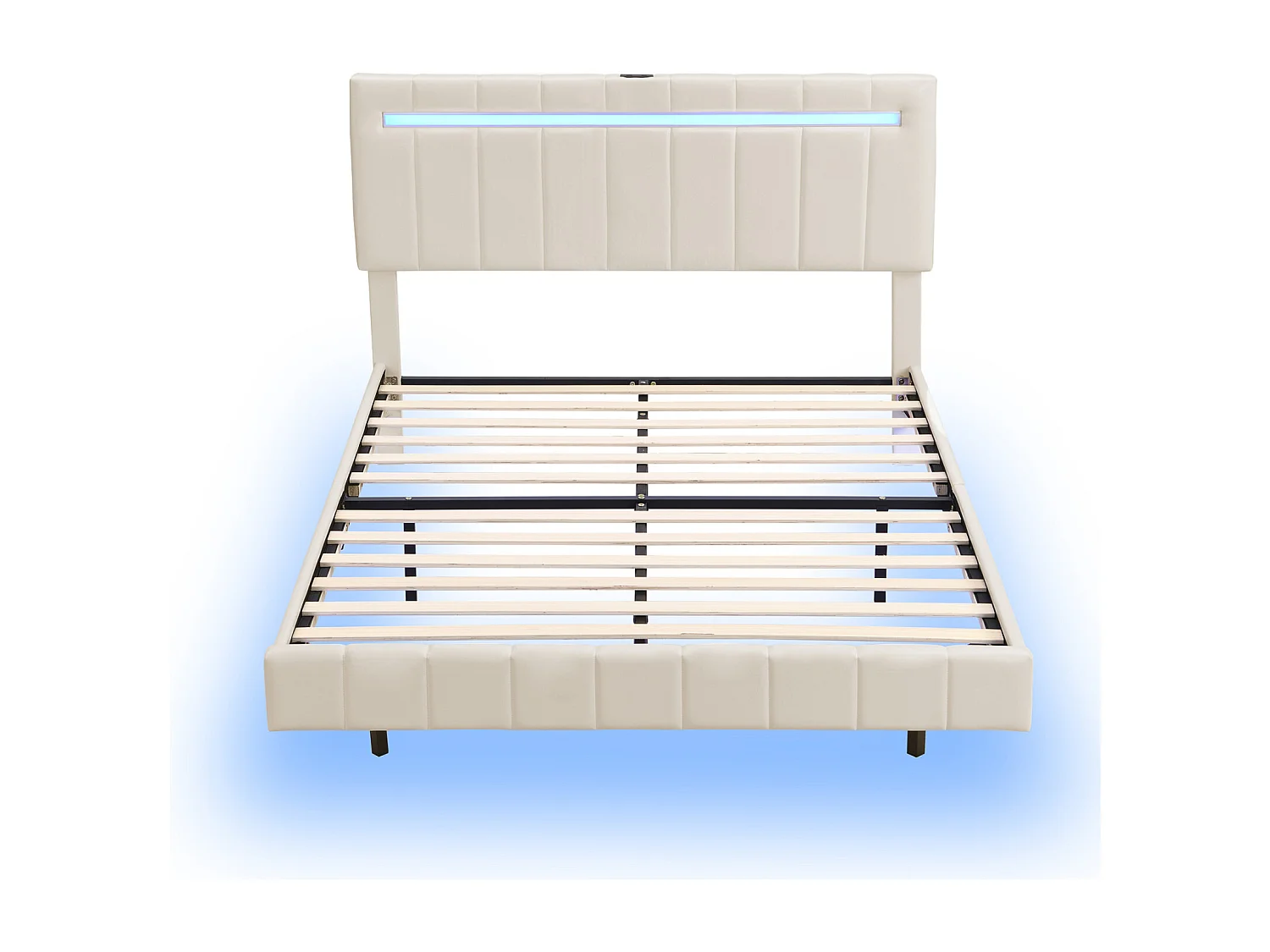 Cama de adulto tapizada, estructura de cama flotante con lámparas LED, cama doble plana con somier de láminas y cabecero LED, beige 160x200cm