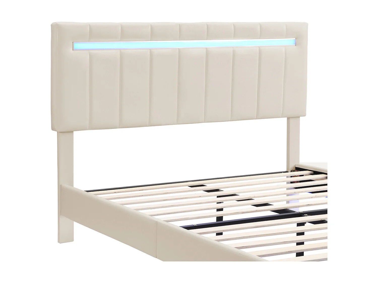 Cama de adulto tapizada, estructura de cama flotante con lámparas LED, cama doble plana con somier de láminas y cabecero LED, beige 160x200cm