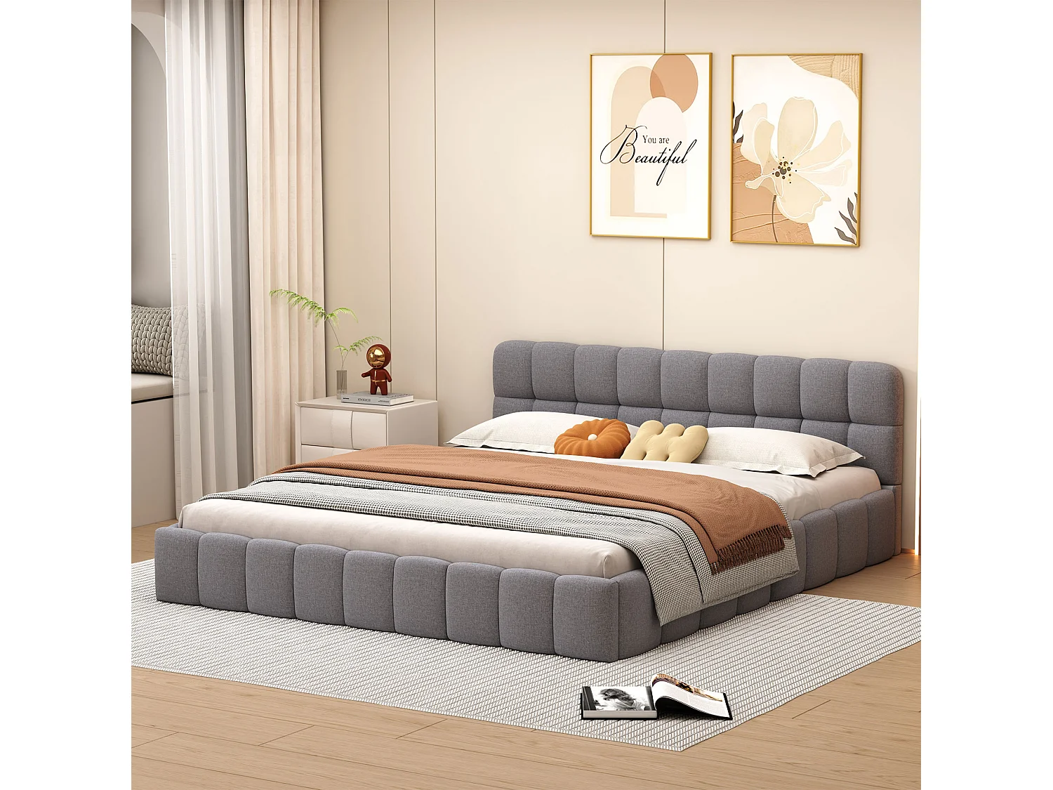 Volwassen bed 160x200cm, tweepersoonsbed in linnen met zachte rugleuning, Vlak bed met gewatteerd frame, lattenbodem, hoofdeinde, grijs