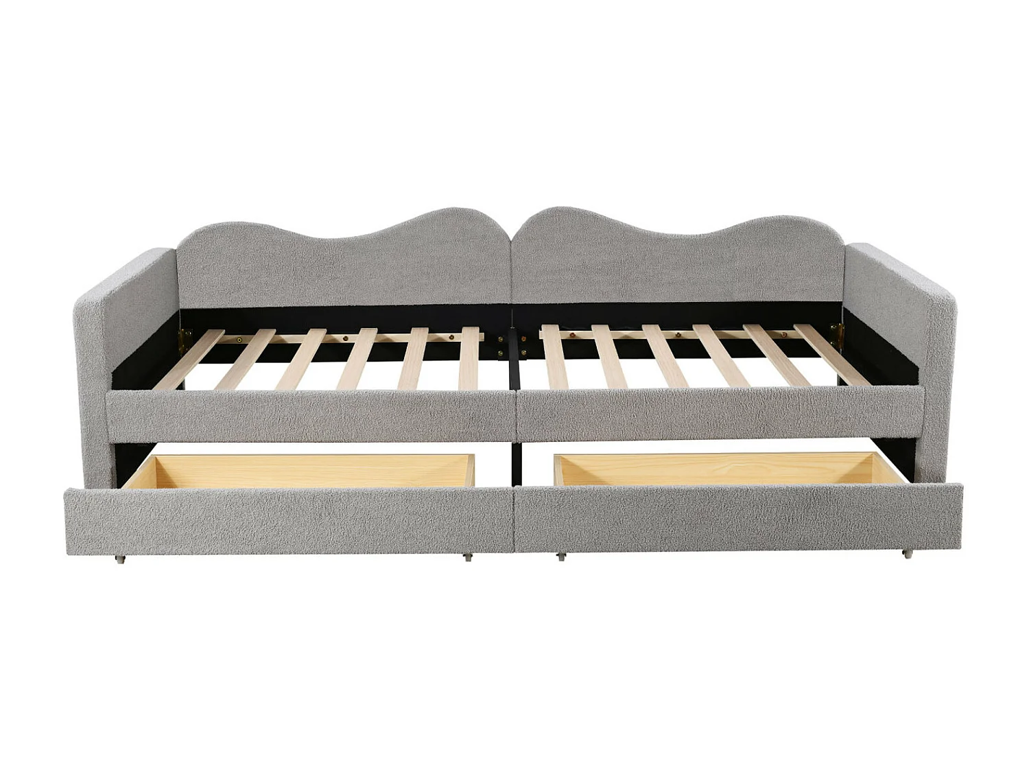 Cama individual 90x200cm, sofá-cama com 2 gavetas e estrado de ripas, em tecido de ursinho, cinzento