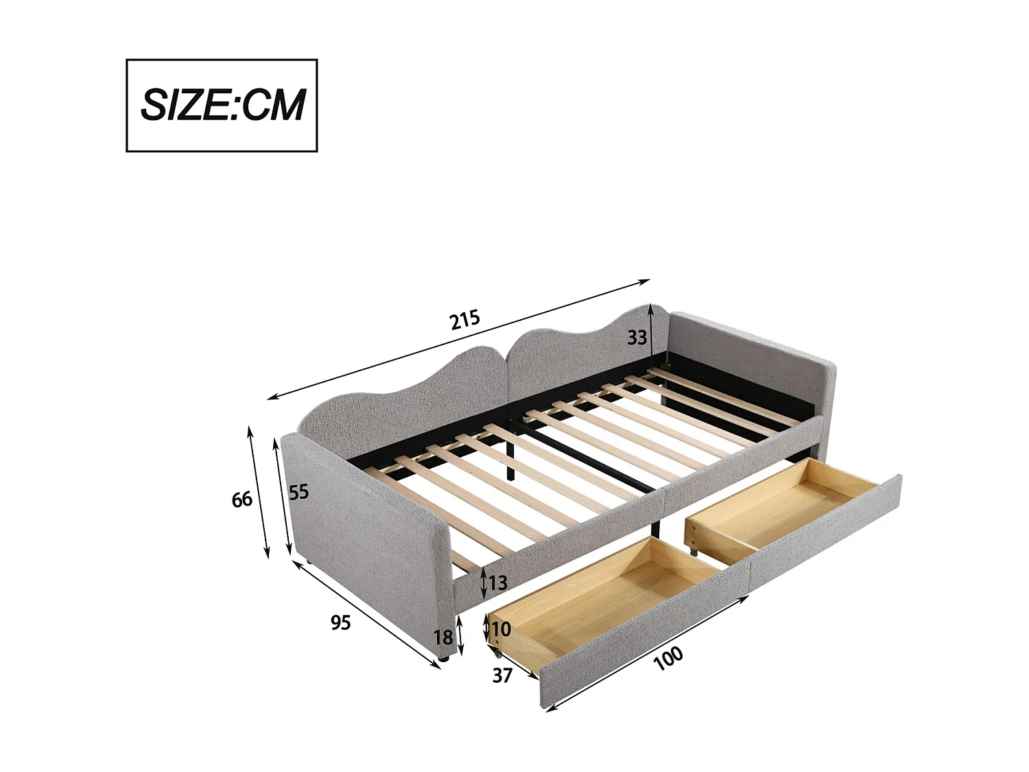 Einzelbett 90x200cm, Schlafsofa mit 2 Schubladen und Lattenrost, in Teddystoff, grau