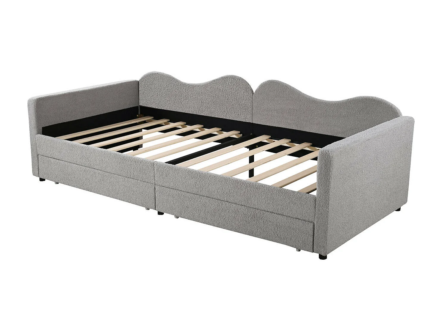 Einzelbett 90x200cm, Schlafsofa mit 2 Schubladen und Lattenrost, in Teddystoff, grau