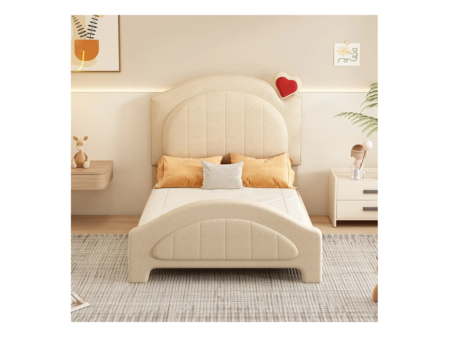 Eenpersoonsbed 90x200cm, gestoffeerd kinderbed met lattenbodem en verstelbaar hoofdbord met hart, teddybeerstof, beige