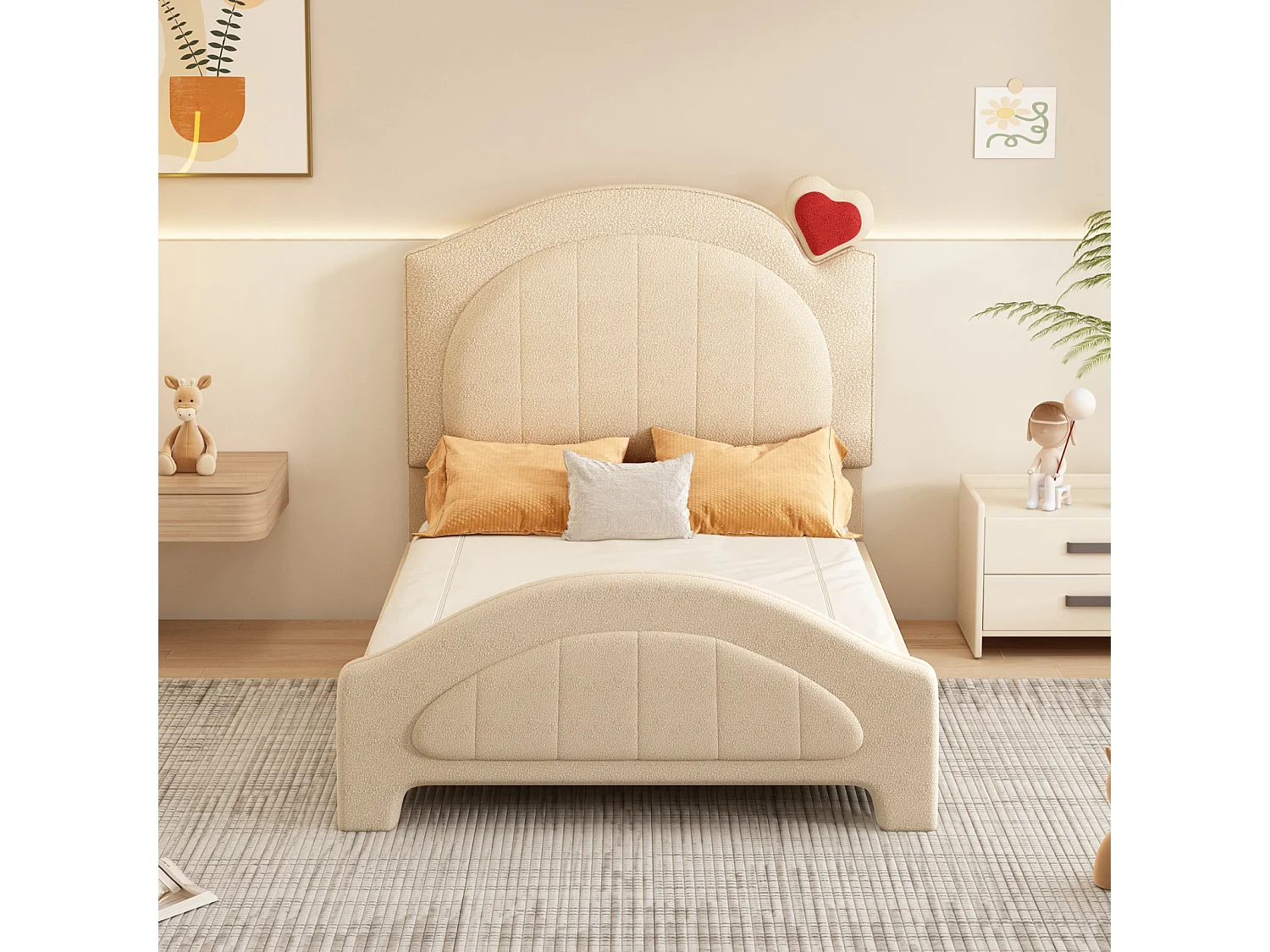 Lit simple 90x200cm, lit enfant rembourré avec sommier à lattes et tête de lit réglable avec cœur, tissu ours en peluche, beige