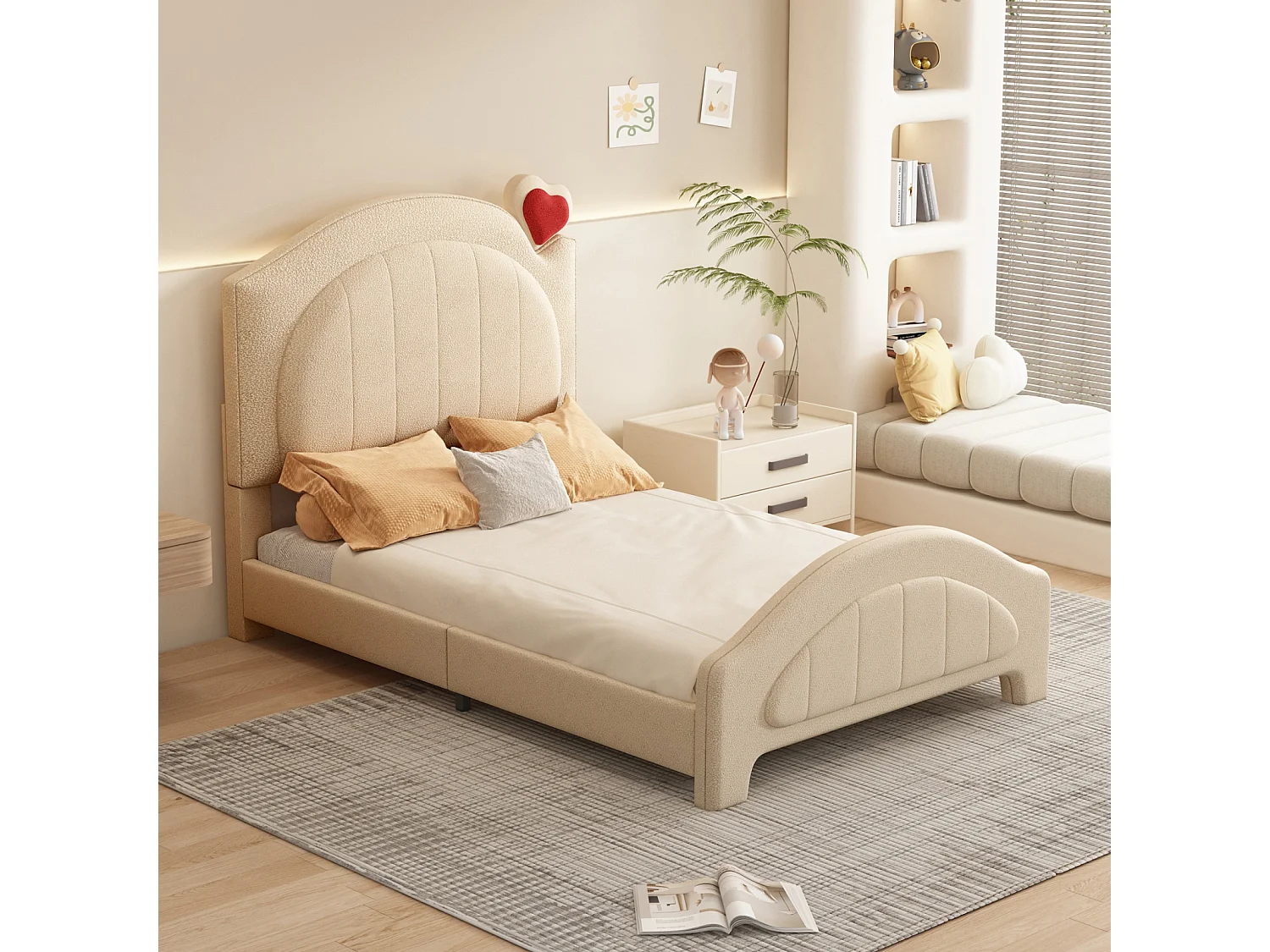 Lit simple 90x200cm, lit enfant rembourré avec sommier à lattes et tête de lit réglable avec cœur, tissu ours en peluche, beige
