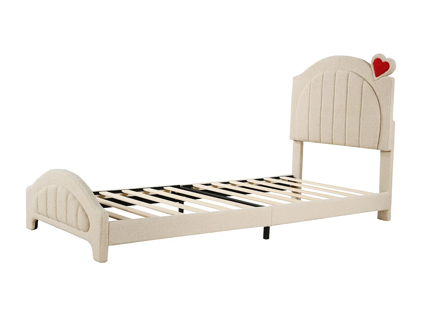 Lit simple 90x200cm, lit enfant rembourré avec sommier à lattes et tête de lit réglable avec cœur, tissu ours en peluche, beige