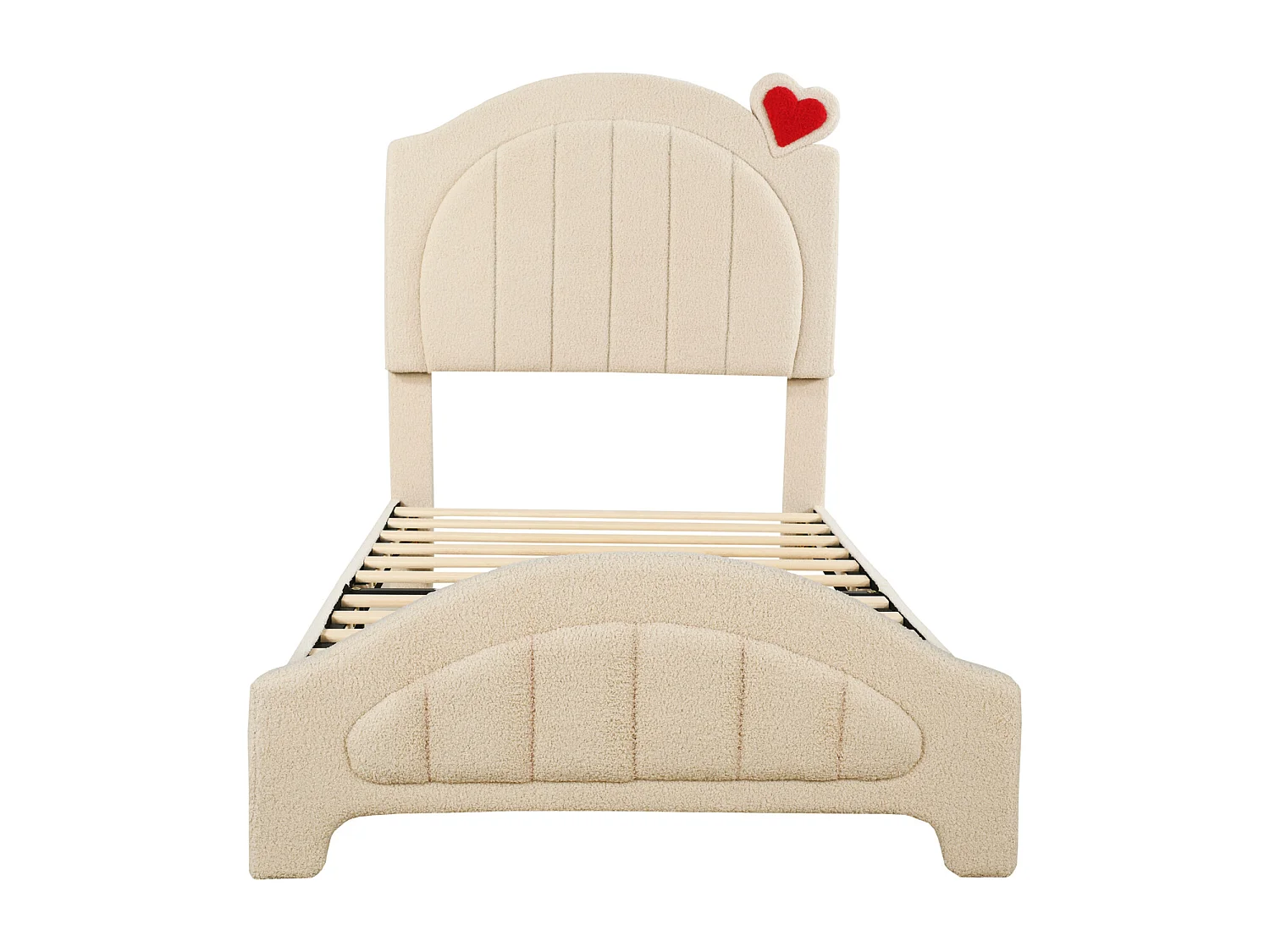 Lit simple 90x200cm, lit enfant rembourré avec sommier à lattes et tête de lit réglable avec cœur, tissu ours en peluche, beige