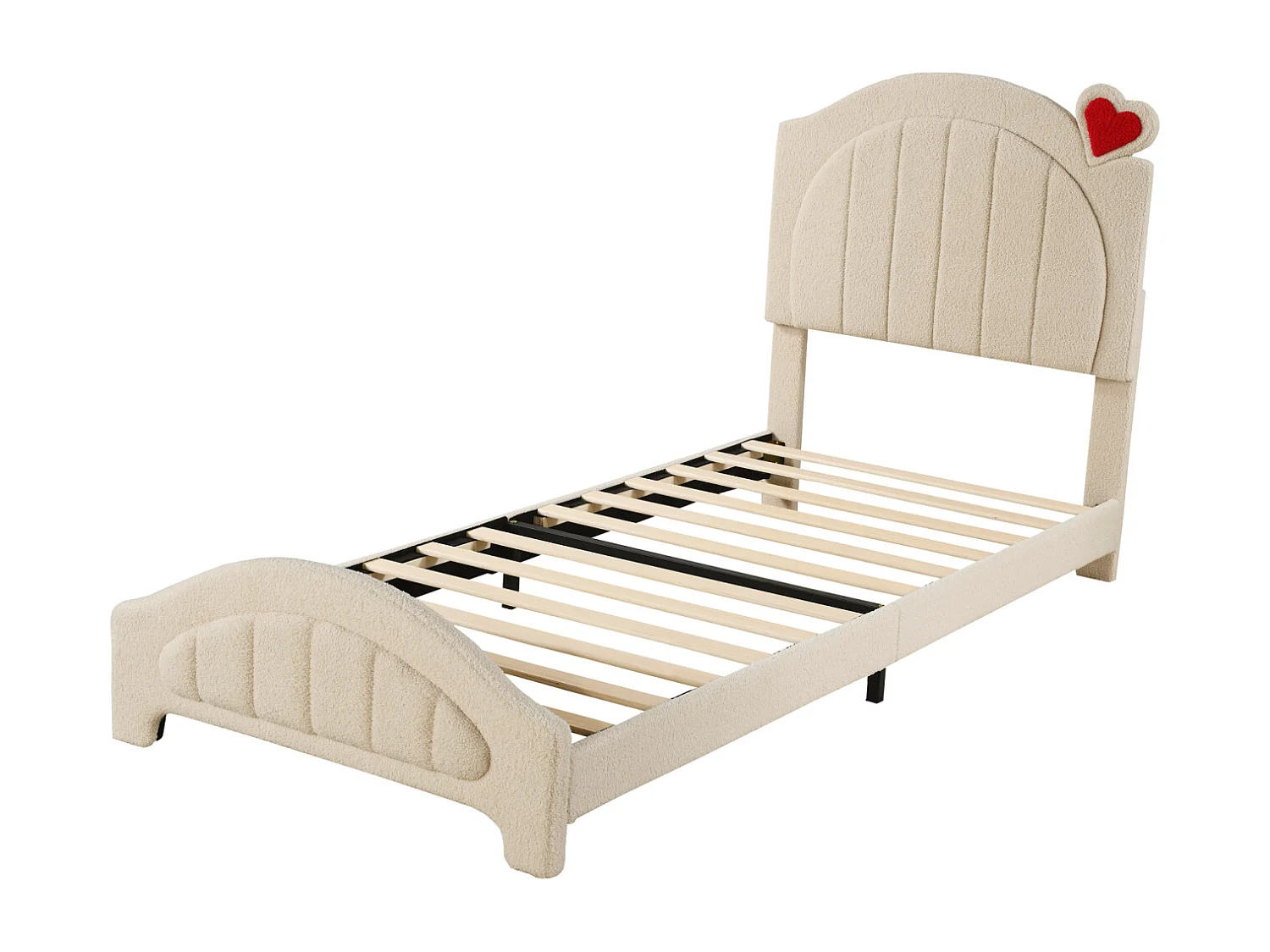 Lit simple 90x200cm, lit enfant rembourré avec sommier à lattes et tête de lit réglable avec cœur, tissu ours en peluche, beige