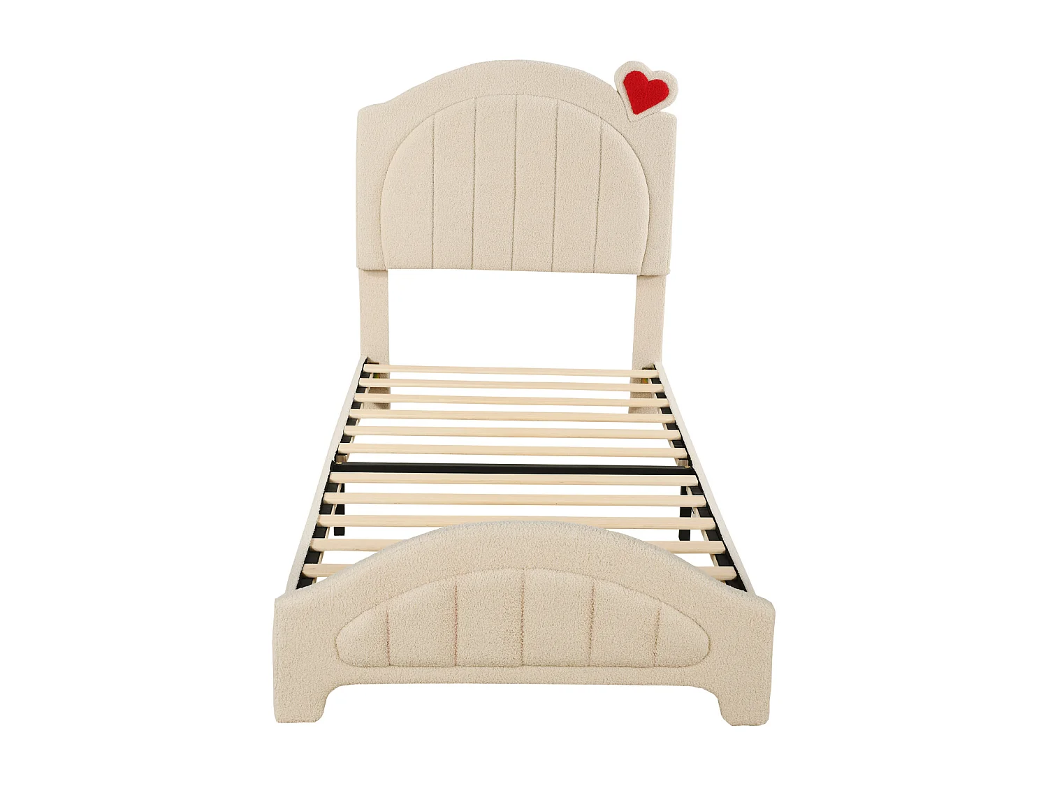 Lit simple 90x200cm, lit enfant rembourré avec sommier à lattes et tête de lit réglable avec cœur, tissu ours en peluche, beige