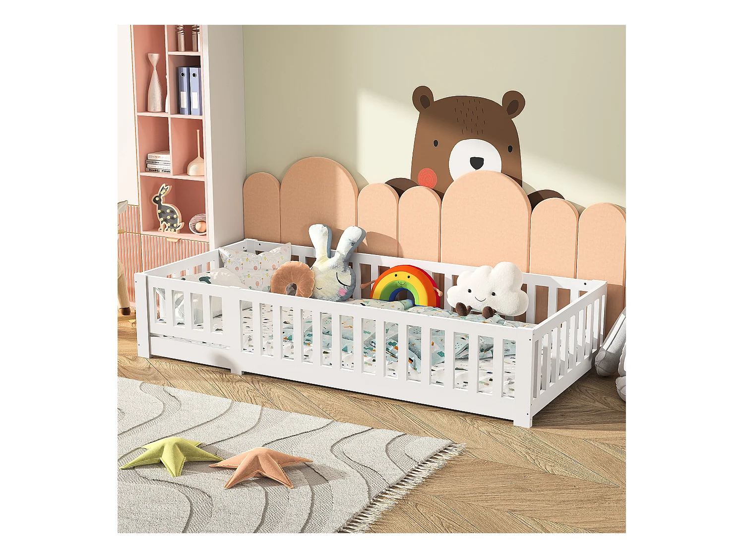Cama cabine infantil 90x200cm, com estrado de ripas, cama plana, cama infantil, barreira anti-queda, pinho maciço, Branco
