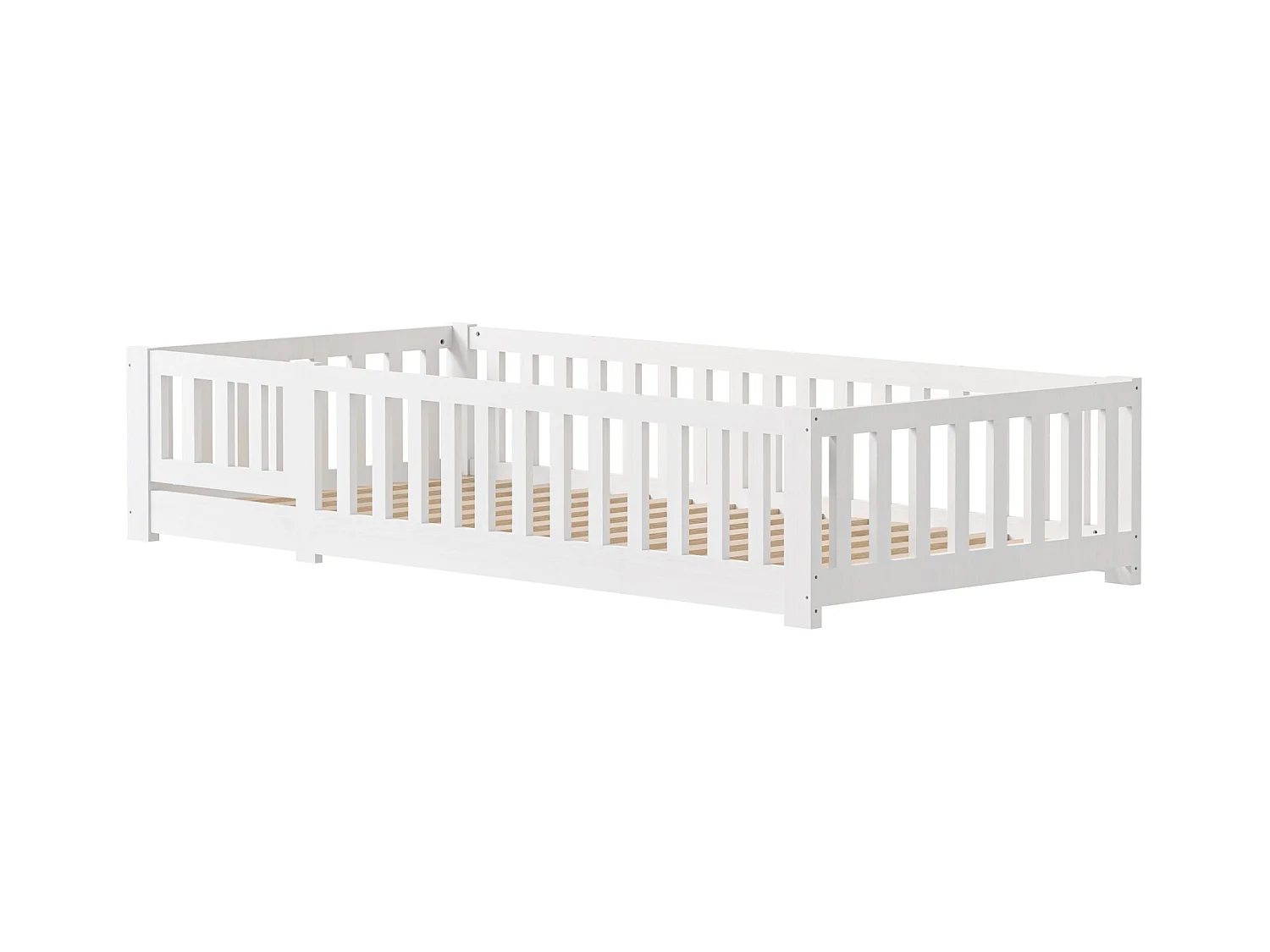 Kinder-Hochbett 90x200cm, mit Lattenrost, Flachbett, Kinderbett, Rausfallschutz, Kiefer massiv, Weiß
