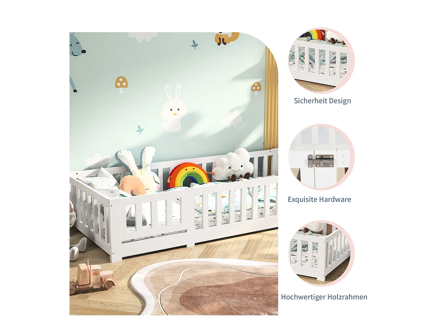 Kinder-Hochbett 90x200cm, mit Lattenrost, Flachbett, Kinderbett, Rausfallschutz, Kiefer massiv, Weiß