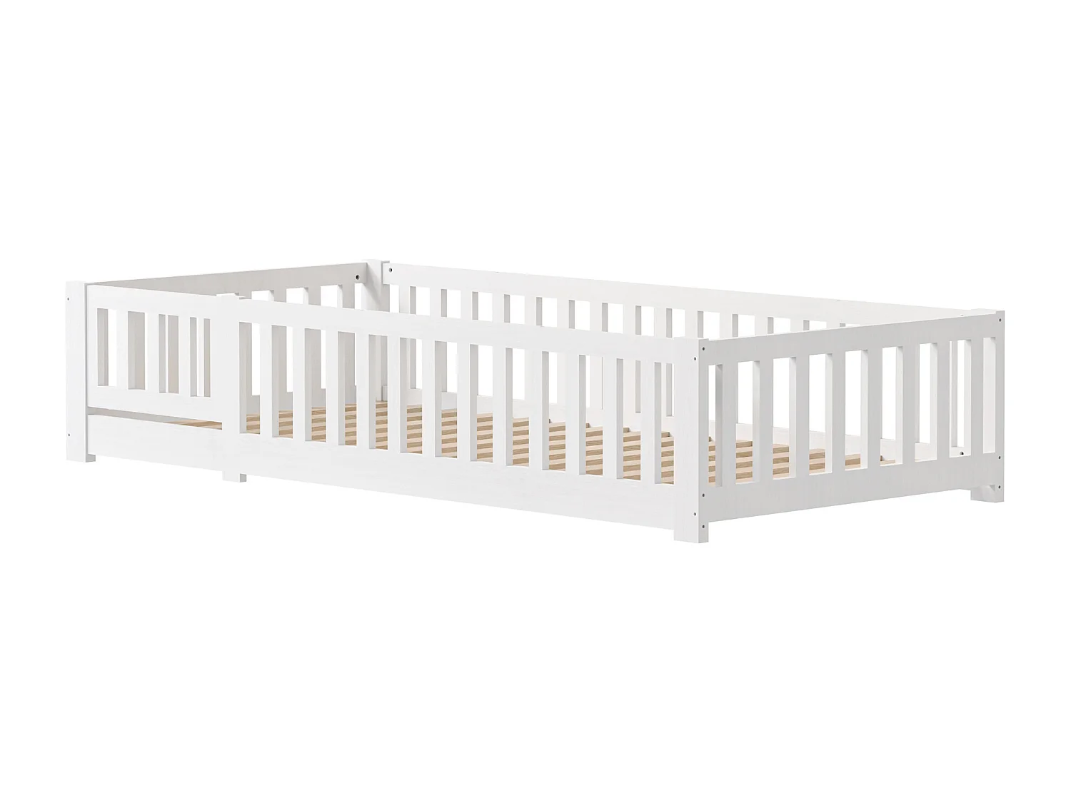 Cama cabine infantil 90x200cm, com estrado de ripas, cama plana, cama infantil, barreira anti-queda, pinho maciço, Branco
