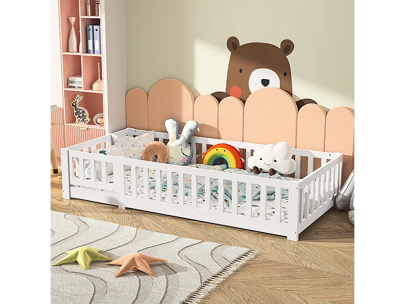 Kinderhutbed 90x200cm, met lattenbodem, vlak bed, kinderbed, valbeveiliging, massief grenen, Wit