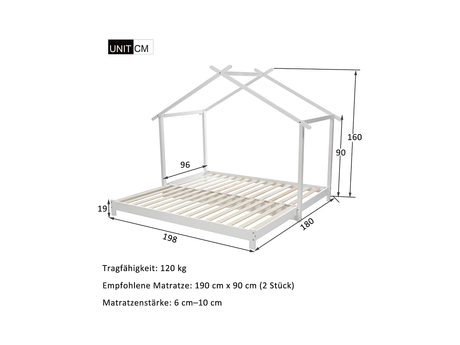 Lit cabane gigogne 90 /180 x 190cm - Lit d'enfant en bois lit simple/double transformable avec sommier à lattes blanc