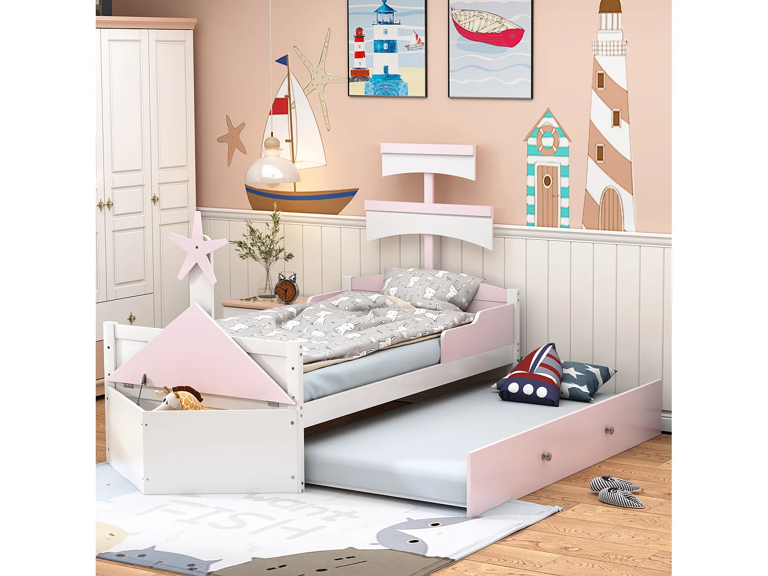 Cama de rodízio 90x200cm+90x190cm, estrutura de cama em forma de veleiro com base de ripas, armário de arrumação, cor-de-rosa