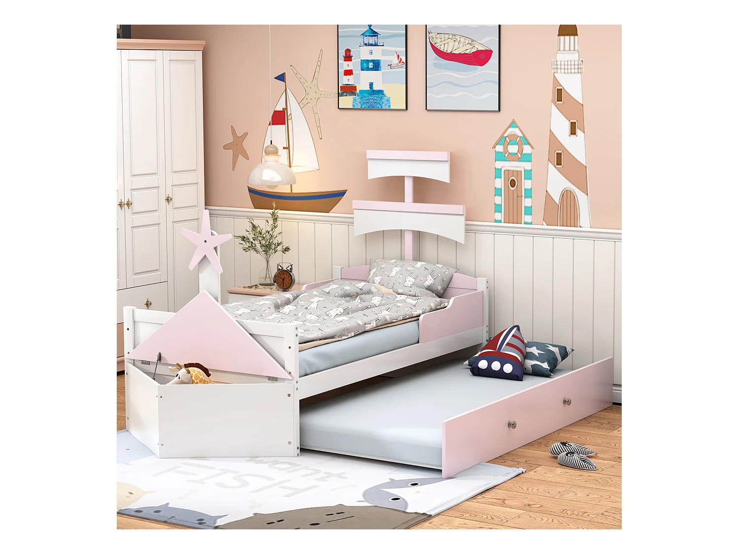 Uitschuifbed 90x200cm+90x190cm, zeilbootvormig bedframe met lattenbodem, opbergkast, roze