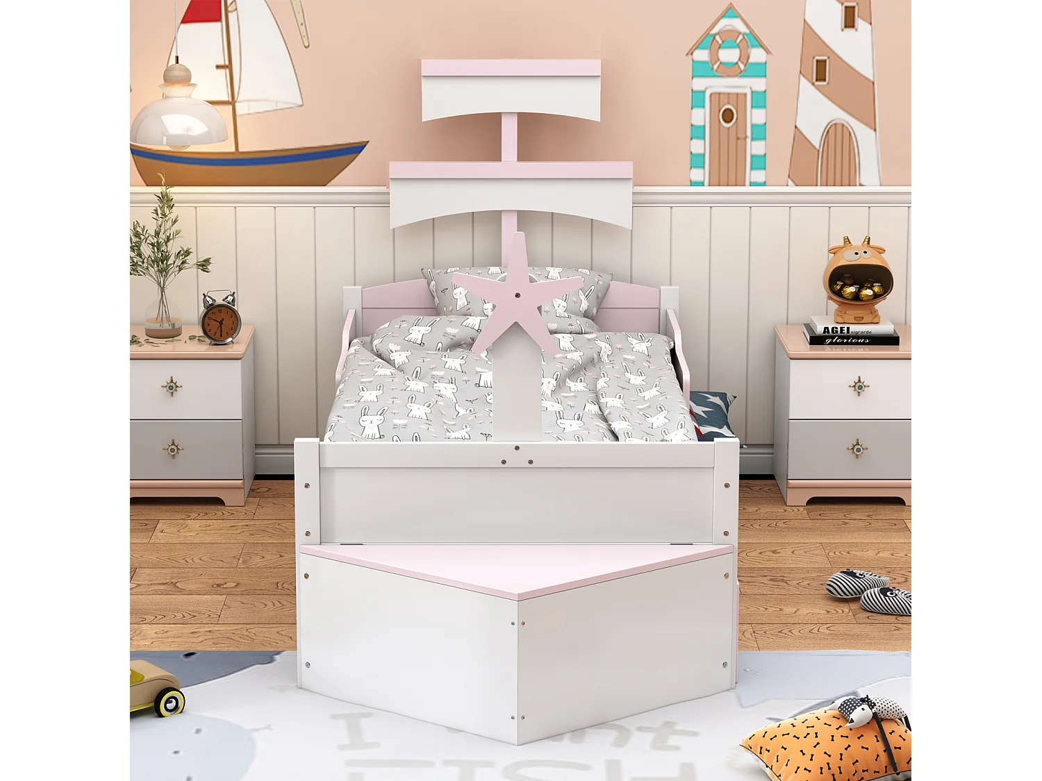 Lit gigogne 90x200cm+90x190cm, cadre de lit en forme voilier avec sommier à lattes, placard de rangement, rose