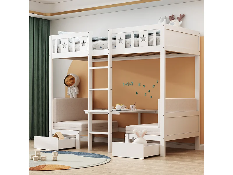 Stapelbed 90x200cm - 2 in 1 bed-bureau, zelf gestoffeerd, met 2 lades, ladder - houten kinderbed - wit