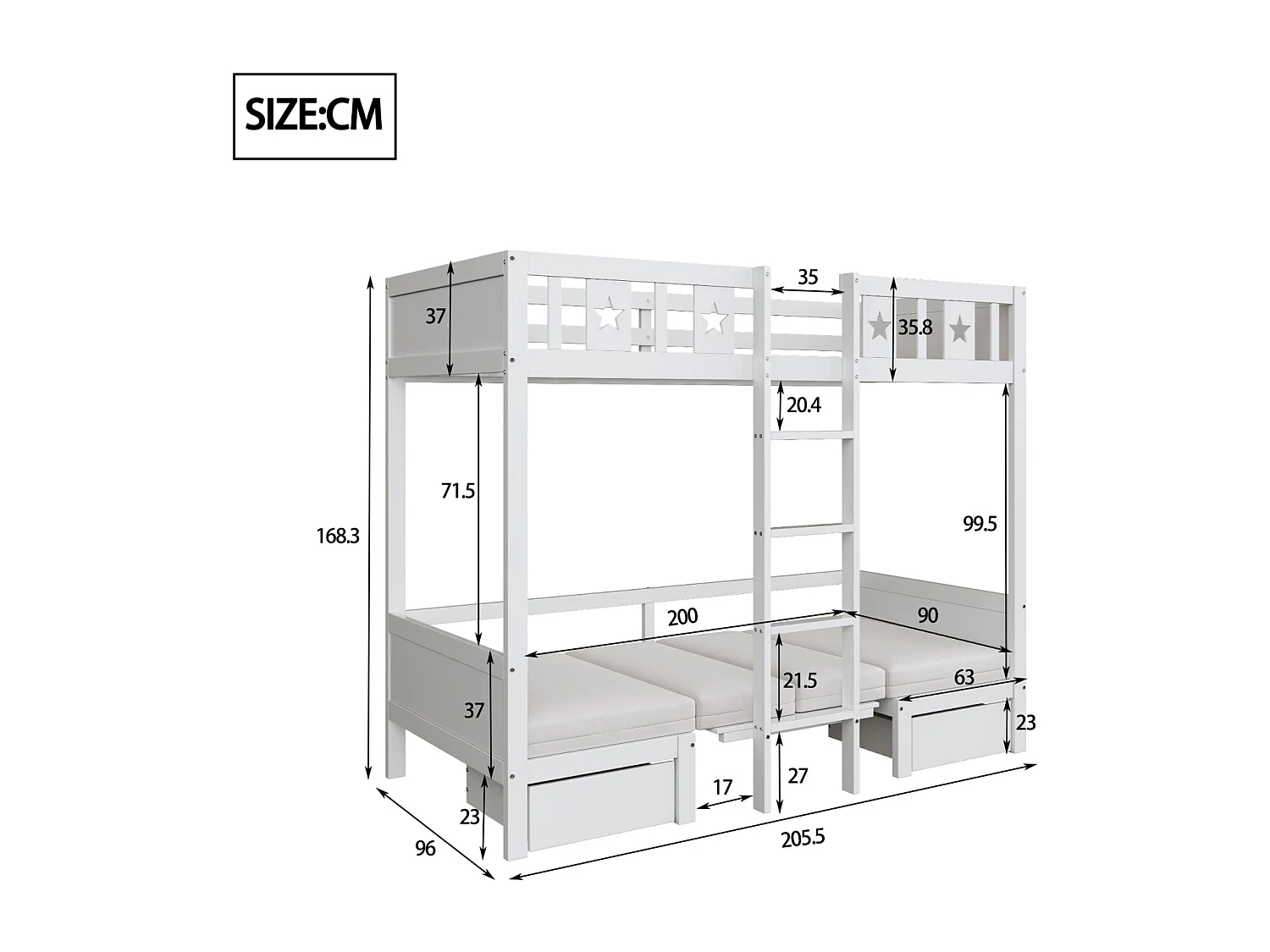 Lit superposé 90x200cm - lit-bureau 2 en 1, auto-rembourré, avec 2 tiroirs, échelle - lit pour enfant en bois - blanc