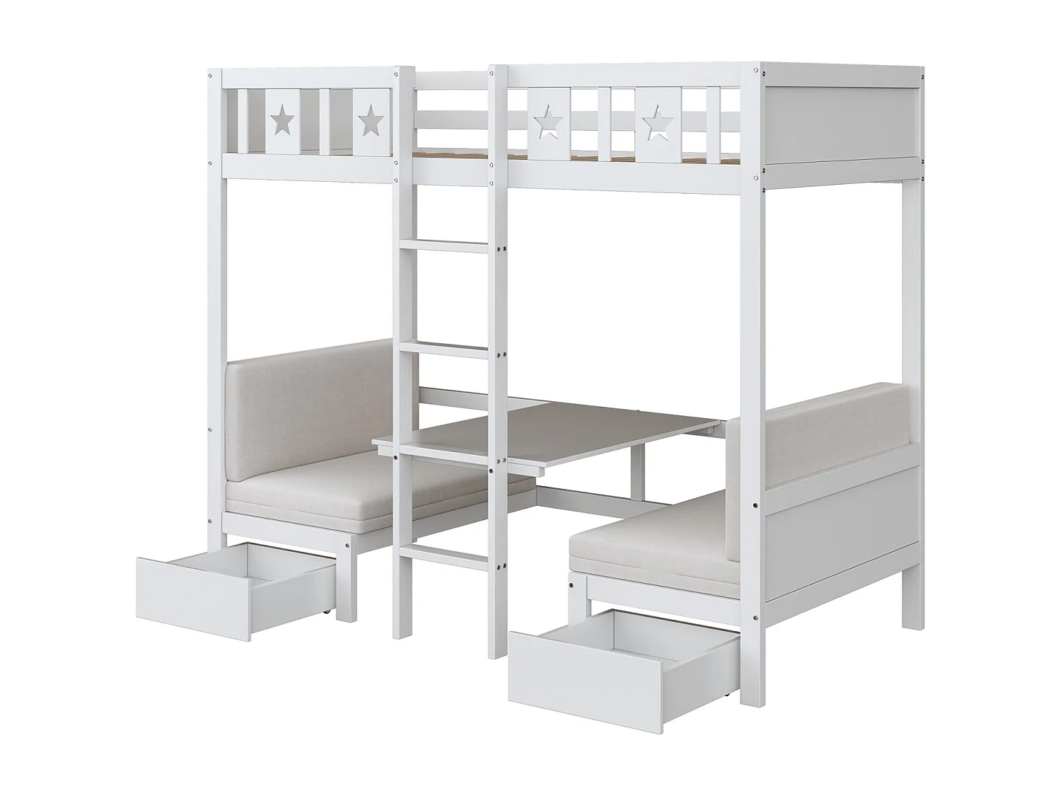 Lit superposé 90x200cm - lit-bureau 2 en 1, auto-rembourré, avec 2 tiroirs, échelle - lit pour enfant en bois - blanc