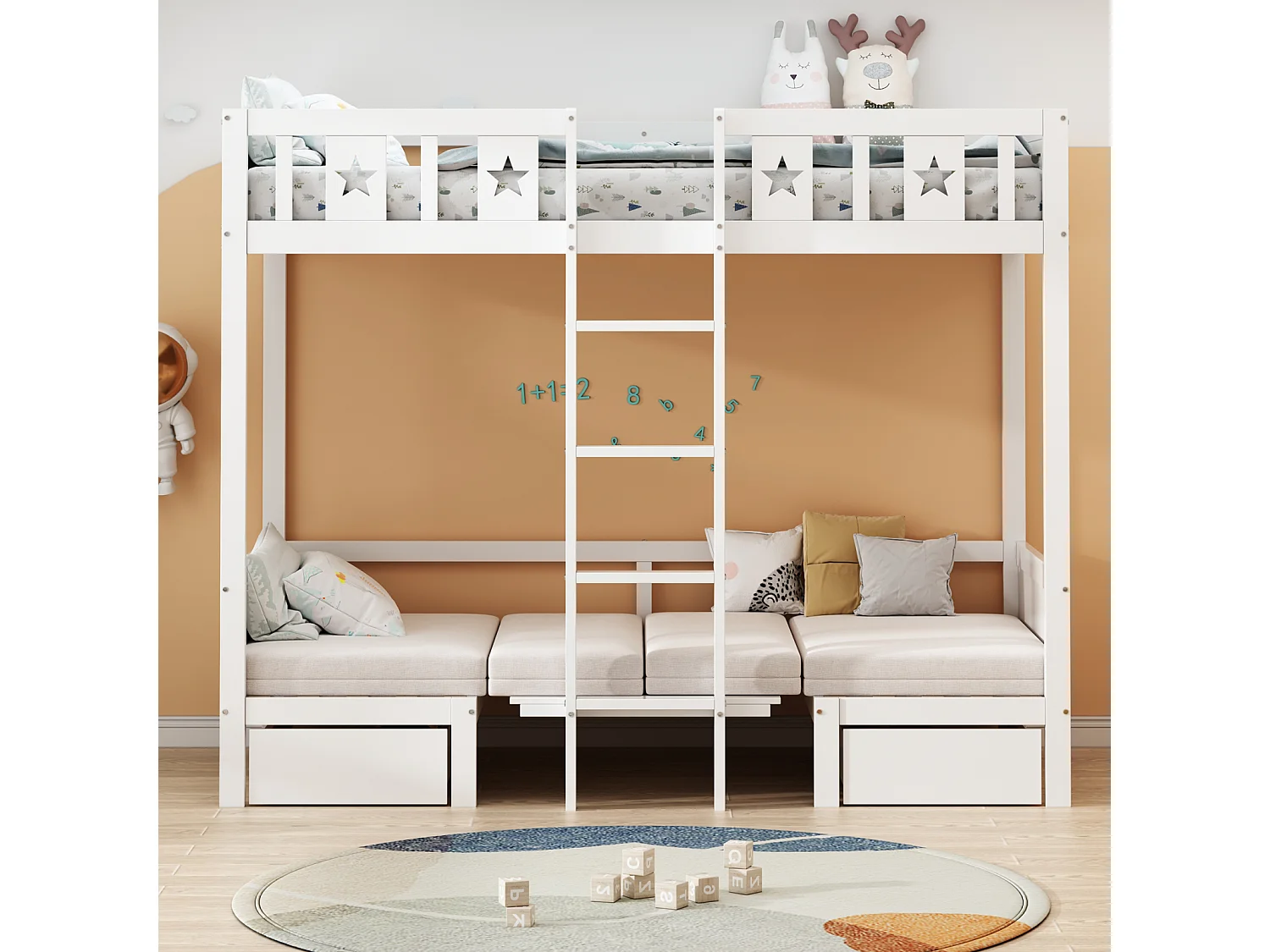Letto a castello 90x200cm - 2 in 1 letto-scrivania, imbottito, con 2 cassetti, scaletta - letto per bambini in legno - bianco