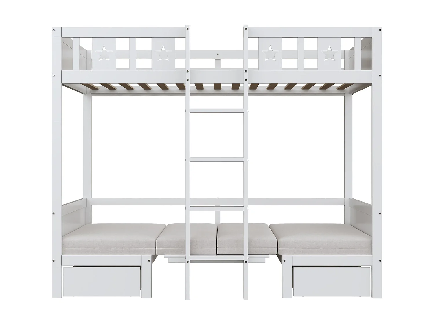 Letto a castello 90x200cm - 2 in 1 letto-scrivania, imbottito, con 2 cassetti, scaletta - letto per bambini in legno - bianco