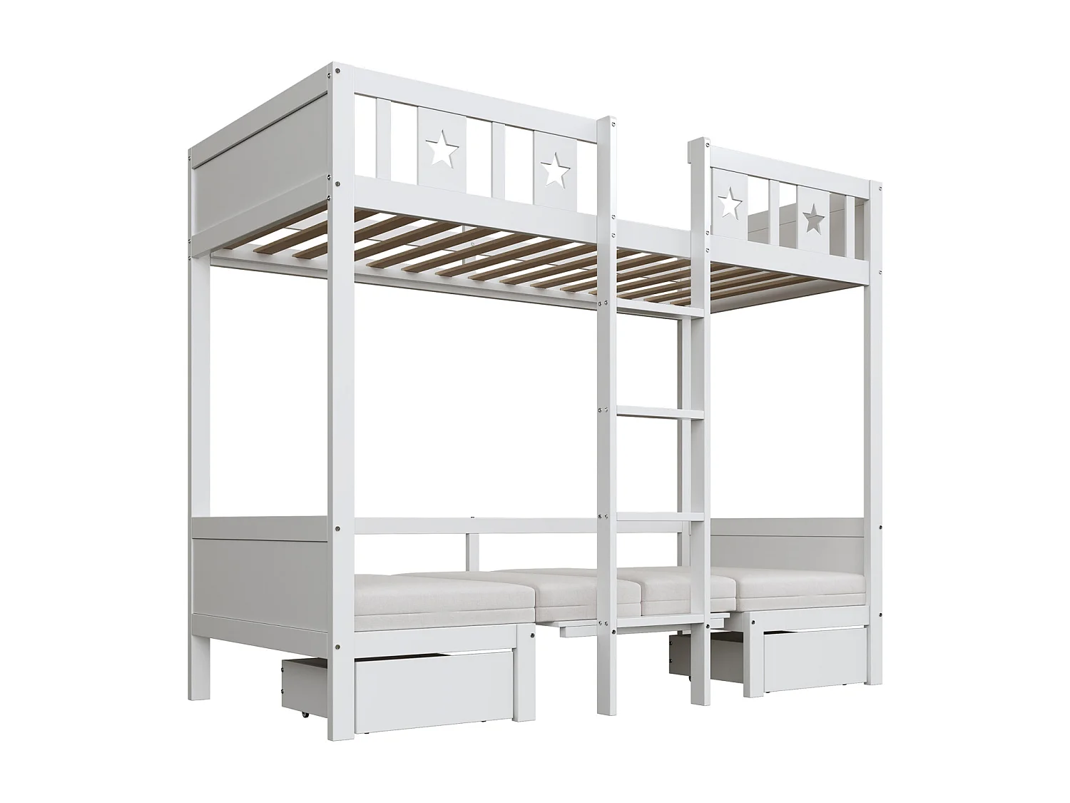 Letto a castello 90x200cm - 2 in 1 letto-scrivania, imbottito, con 2 cassetti, scaletta - letto per bambini in legno - bianco