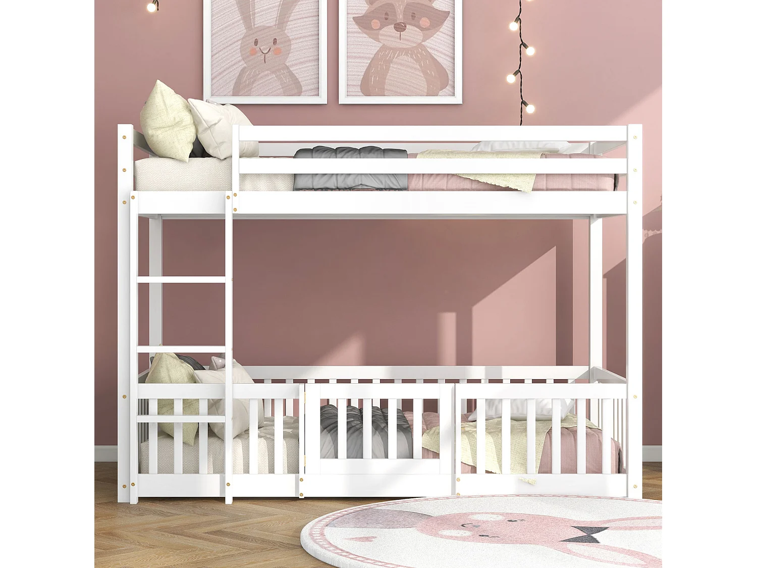 Stapelbed 90x200cm - kinderbed met trap en kleine deuren, valbeveiliging en massief houten barrières - wit