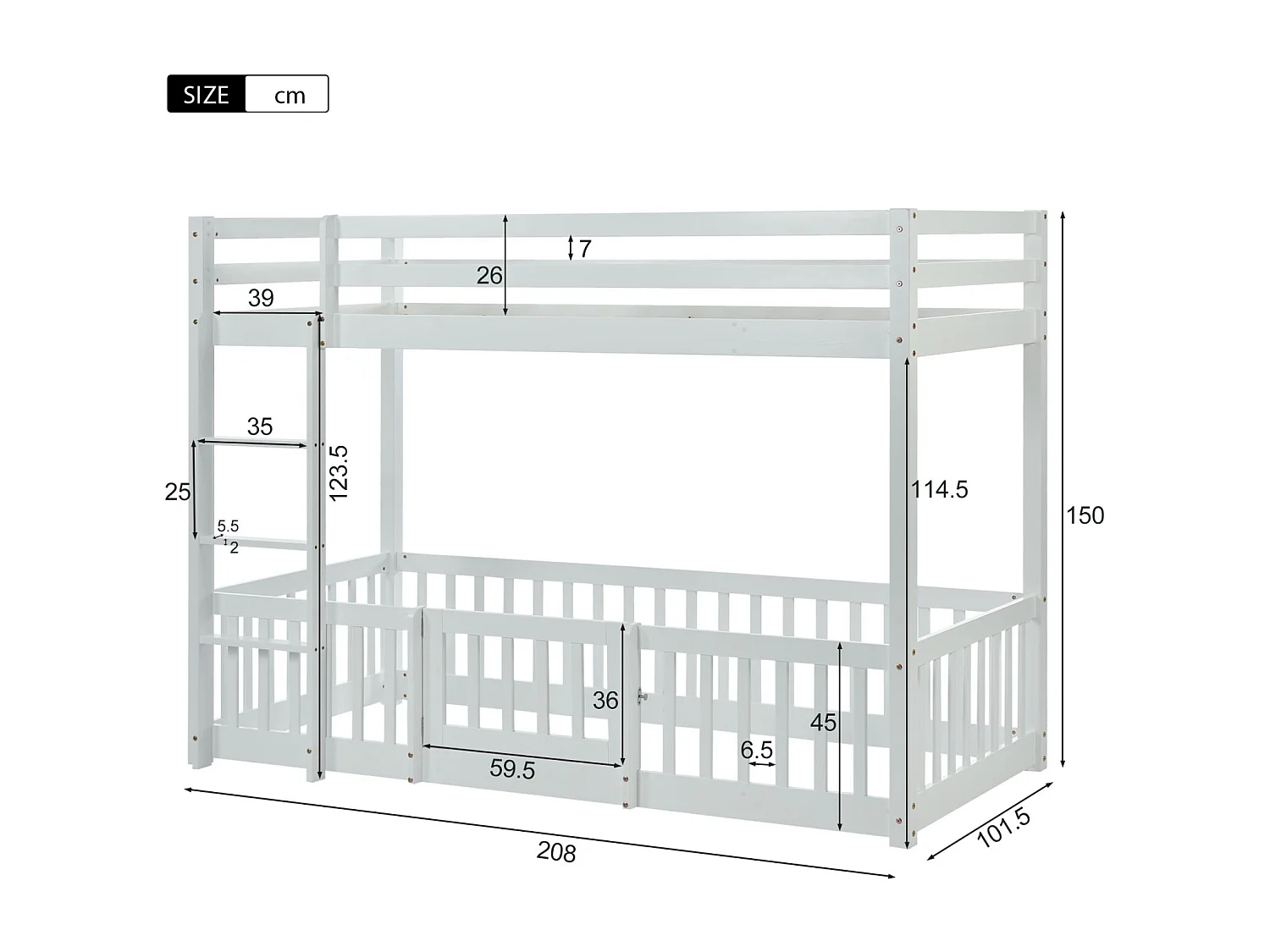 Lit superposé 90x200cm - lit enfant avec escalier et petites portes, protection contre les chutes et barrières en bois massif - blanc
