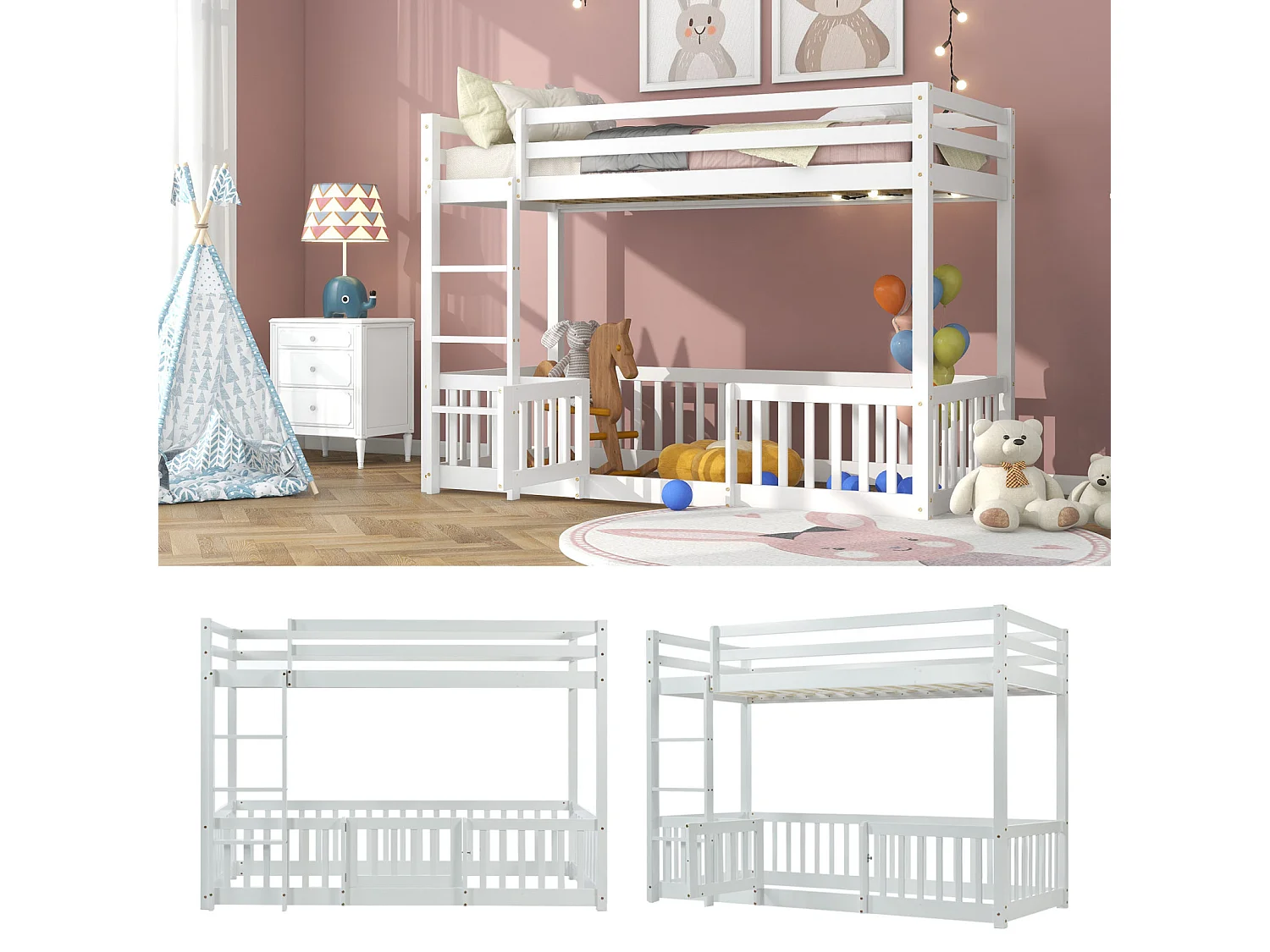 Lit superposé 90x200cm - lit enfant avec escalier et petites portes, protection contre les chutes et barrières en bois massif - blanc