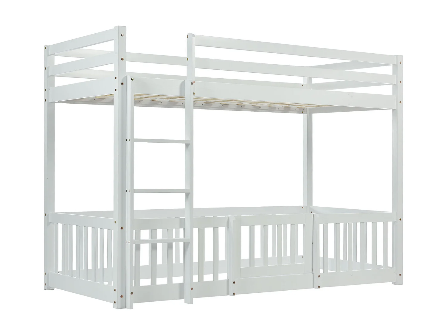 Lit superposé 90x200cm - lit enfant avec escalier et petites portes, protection contre les chutes et barrières en bois massif - blanc