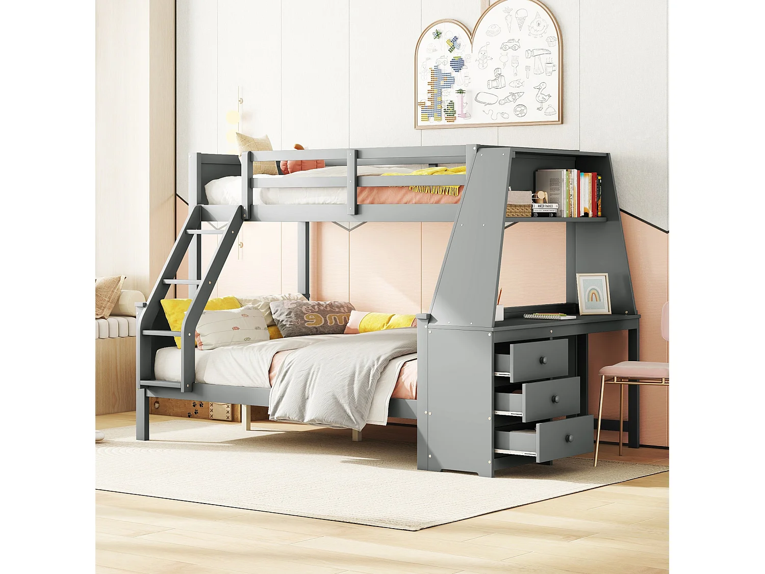 Stapelbed 90x200cm+140x200cm, kinderbed voorzien van tafel, grote opbergruimte, hoge reling, grijs