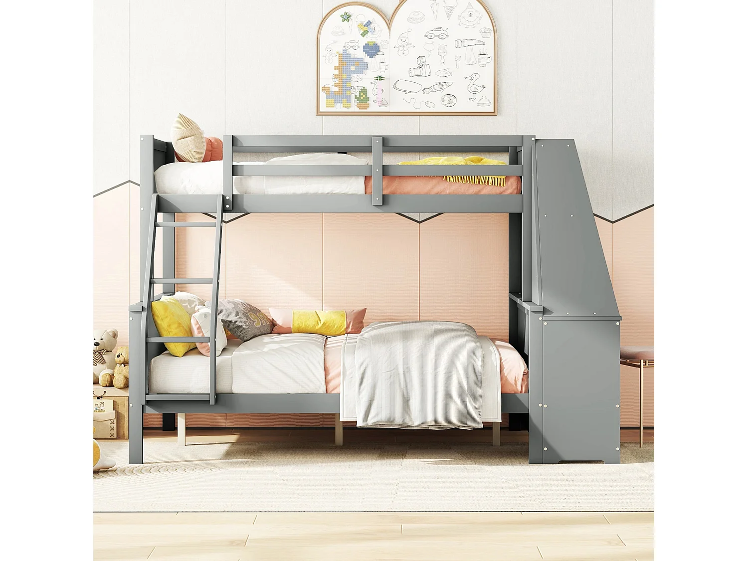 Stapelbed 90x200cm+140x200cm, kinderbed voorzien van tafel, grote opbergruimte, hoge reling, grijs