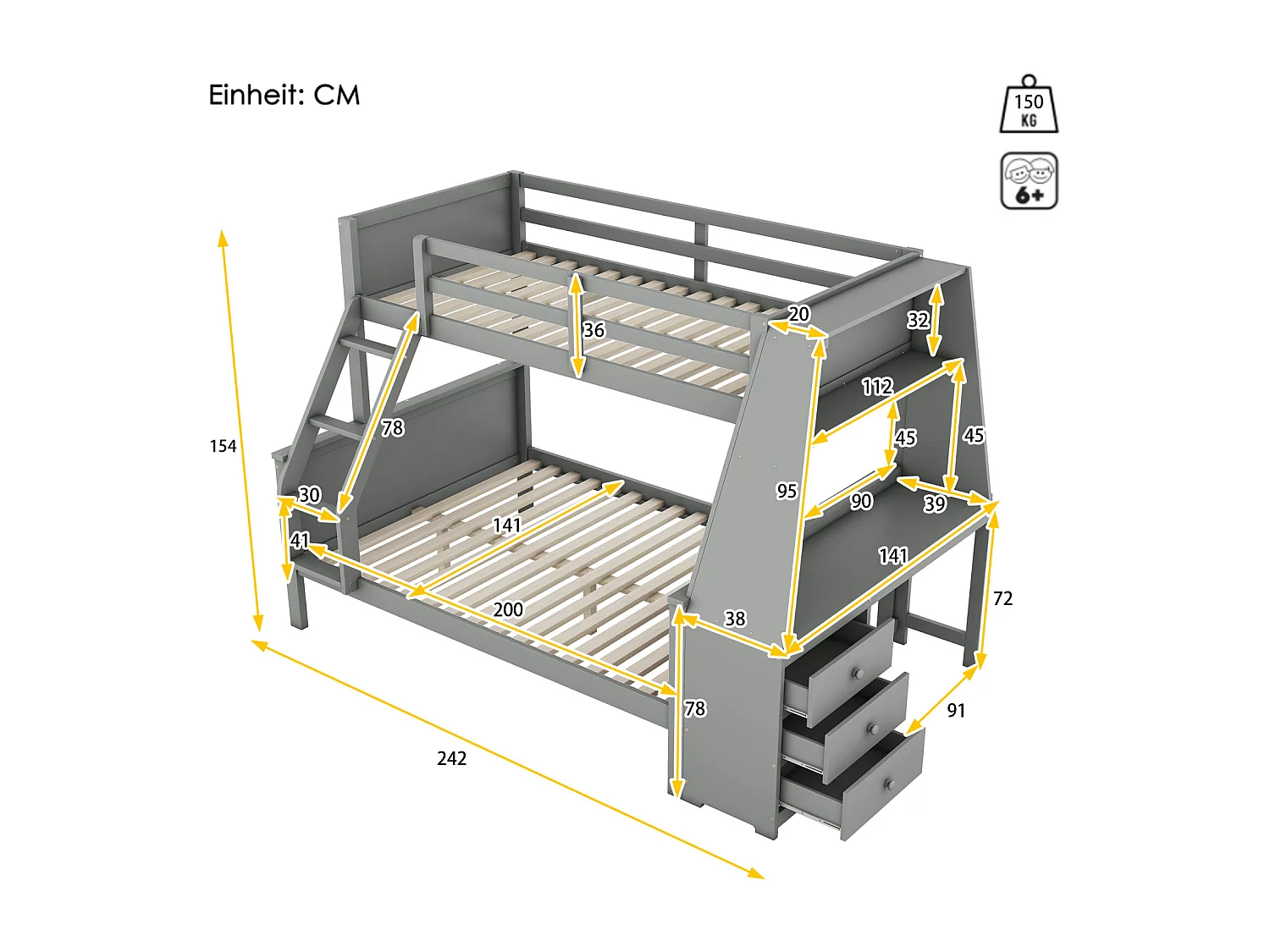 Stapelbed 90x200cm+140x200cm, kinderbed voorzien van tafel, grote opbergruimte, hoge reling, grijs