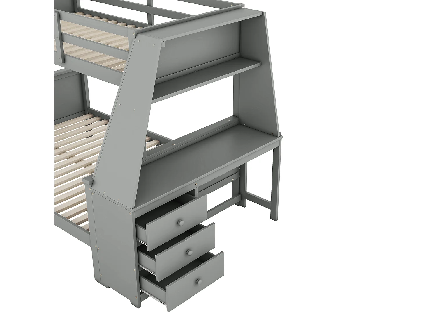 Stapelbed 90x200cm+140x200cm, kinderbed voorzien van tafel, grote opbergruimte, hoge reling, grijs