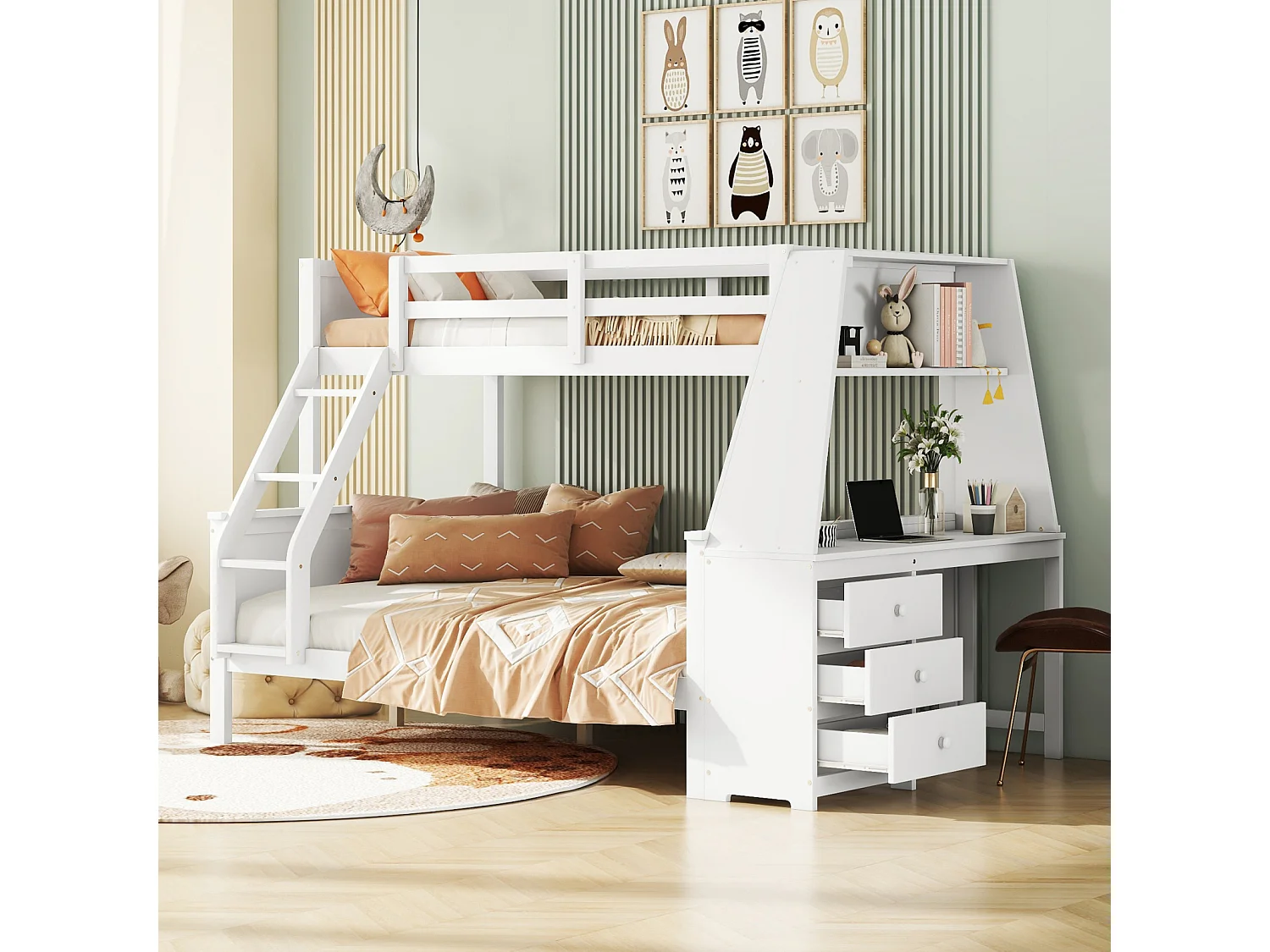 Stapelbed 90x200cm+140x200cm, kinderbed voorzien van tafel, grote opbergruimte, hoge reling, wit