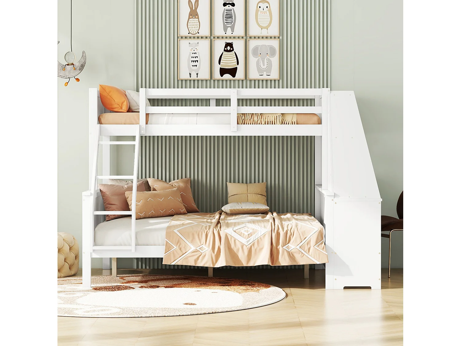 Stapelbed 90x200cm+140x200cm, kinderbed voorzien van tafel, grote opbergruimte, hoge reling, wit