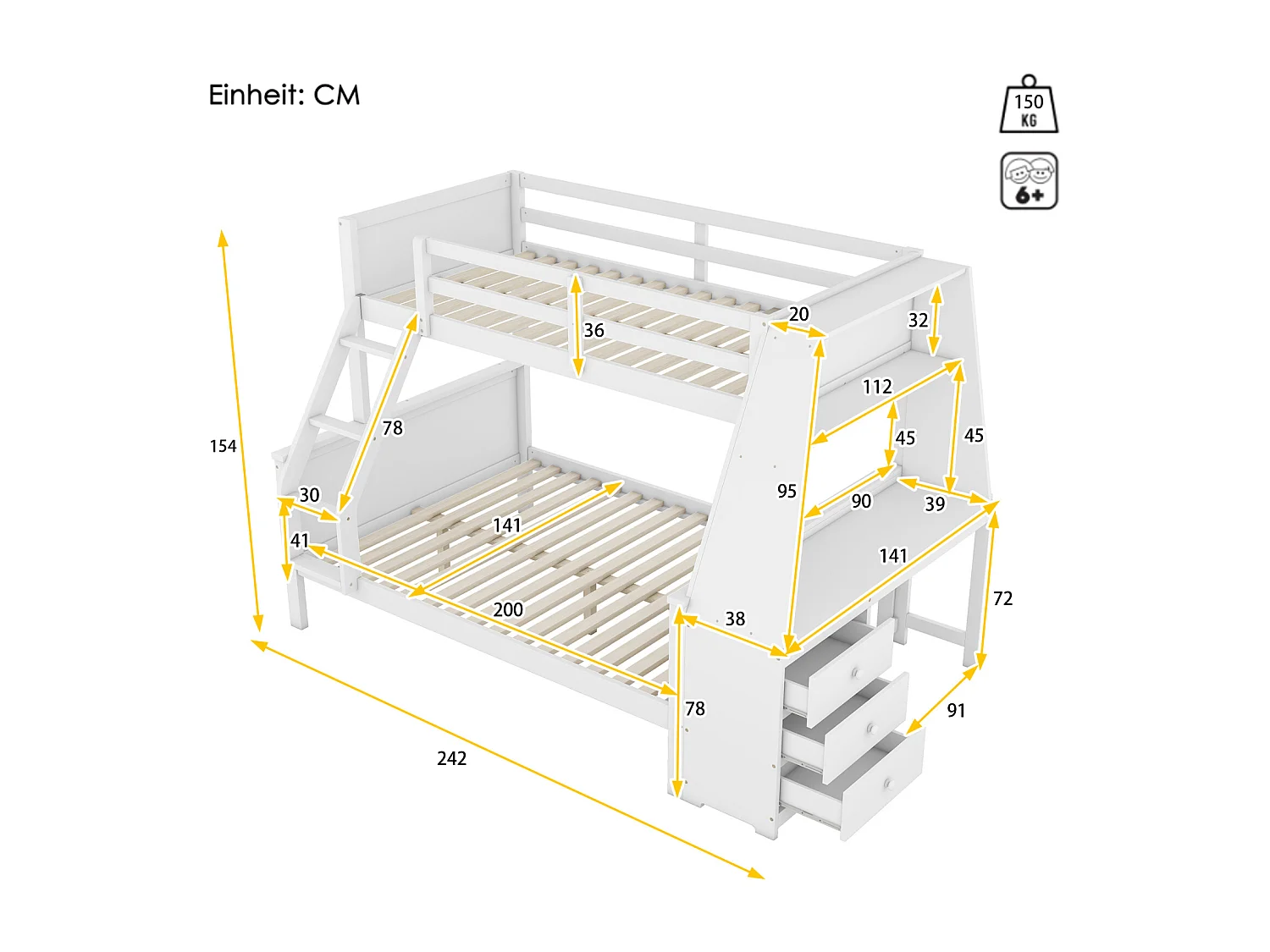 Stapelbed 90x200cm+140x200cm, kinderbed voorzien van tafel, grote opbergruimte, hoge reling, wit