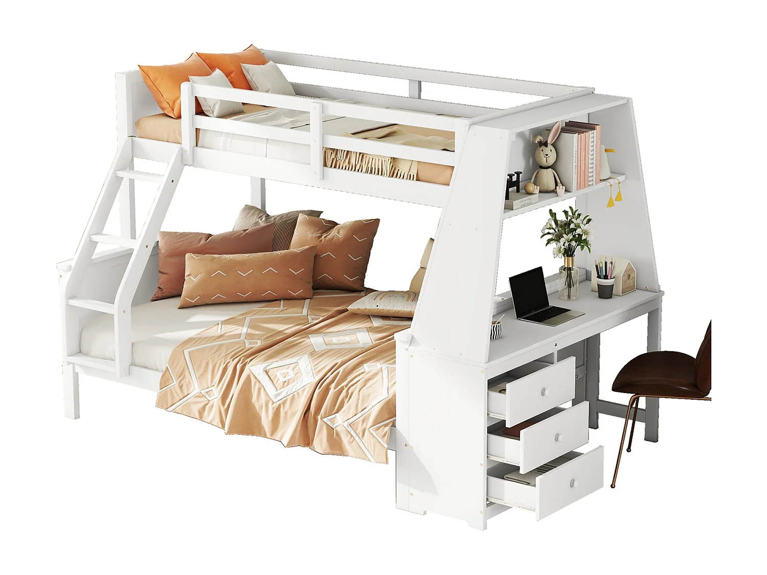 Stapelbed 90x200cm+140x200cm, kinderbed voorzien van tafel, grote opbergruimte, hoge reling, wit