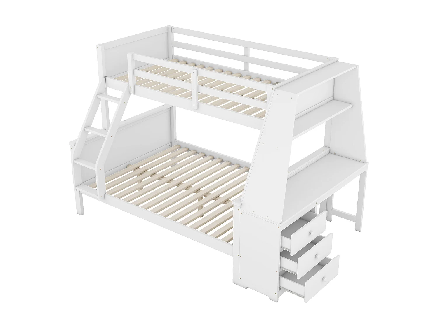 Stapelbed 90x200cm+140x200cm, kinderbed voorzien van tafel, grote opbergruimte, hoge reling, wit