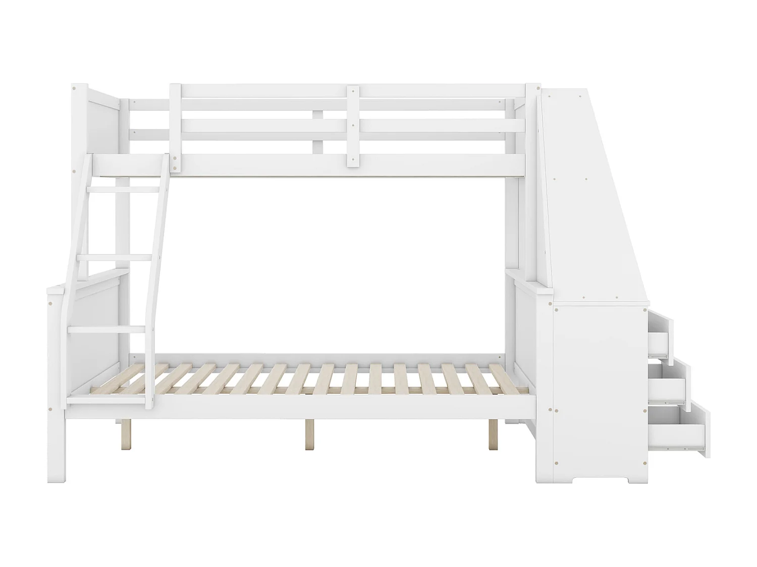 Stapelbed 90x200cm+140x200cm, kinderbed voorzien van tafel, grote opbergruimte, hoge reling, wit