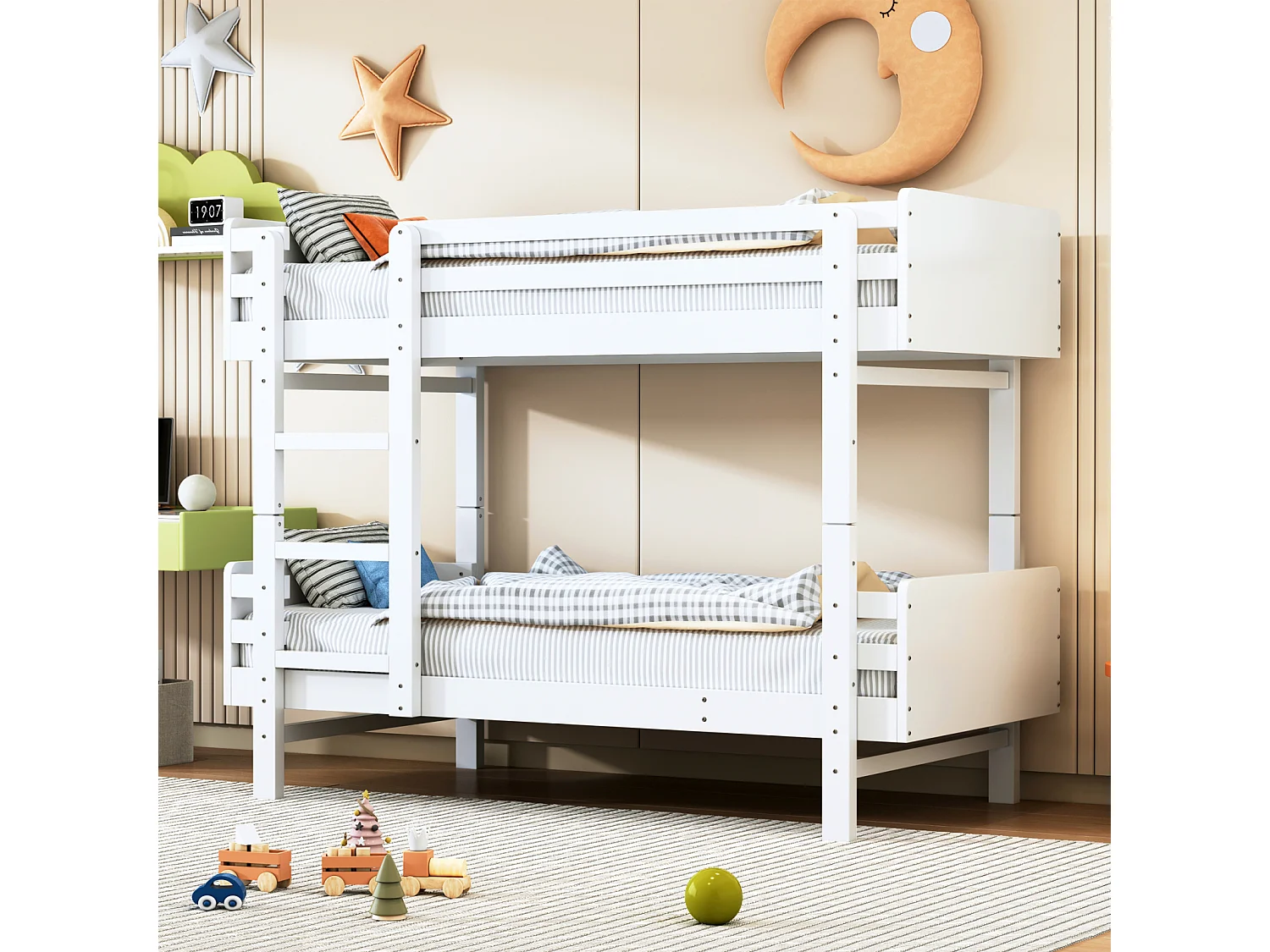 Lit superposé 90x190cm, Lit enfant avec échelle, cadre de lit en bois massif, transformable en deux lits plateforme, blanc