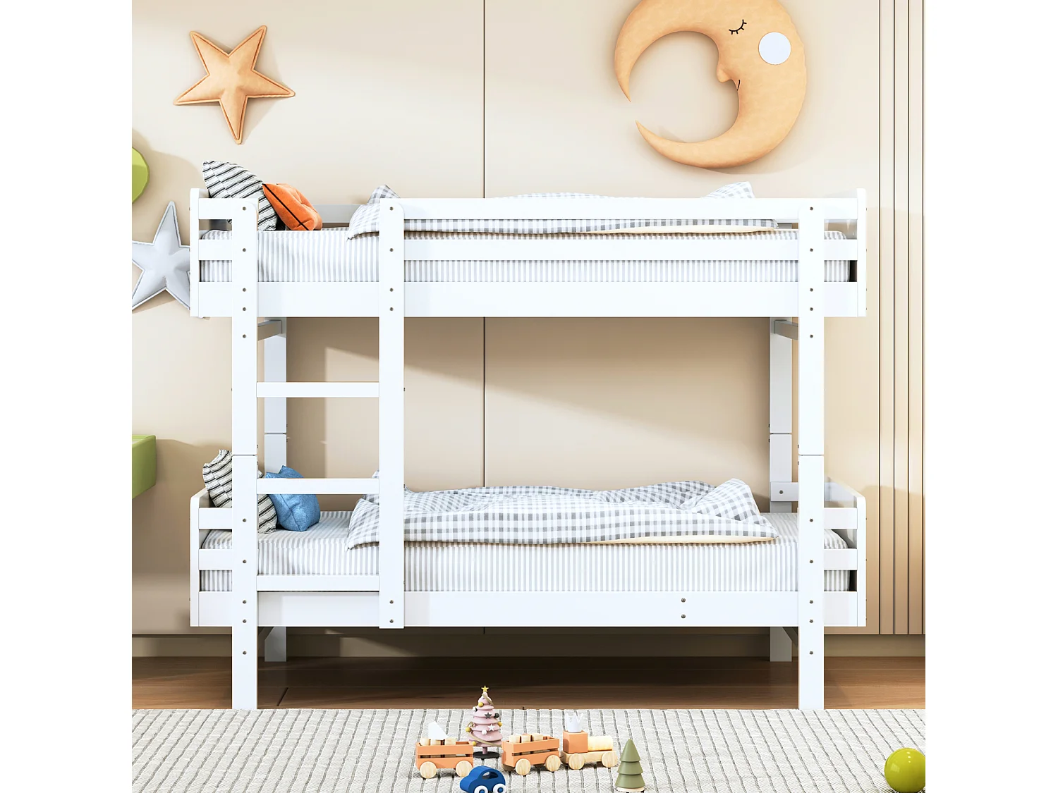 Stapelbed 90x190cm, Kinderbed met ladder, massief houten bedframe, om te bouwen tot twee platformbedden, wit