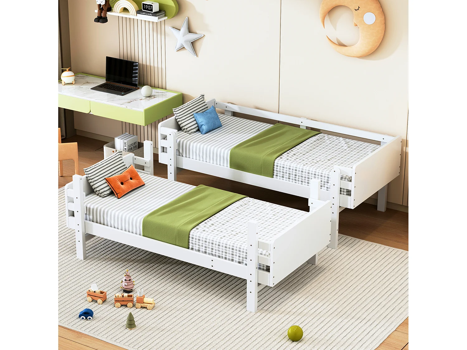 Stapelbed 90x190cm, Kinderbed met ladder, massief houten bedframe, om te bouwen tot twee platformbedden, wit