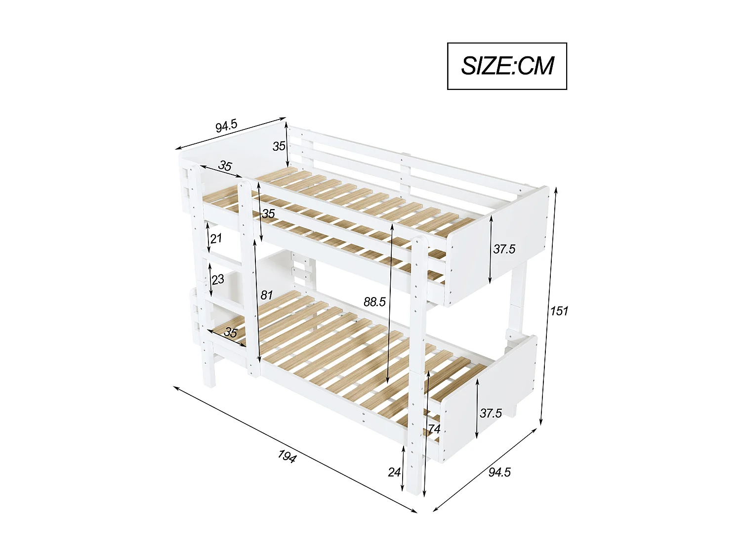 Stapelbed 90x190cm, Kinderbed met ladder, massief houten bedframe, om te bouwen tot twee platformbedden, wit