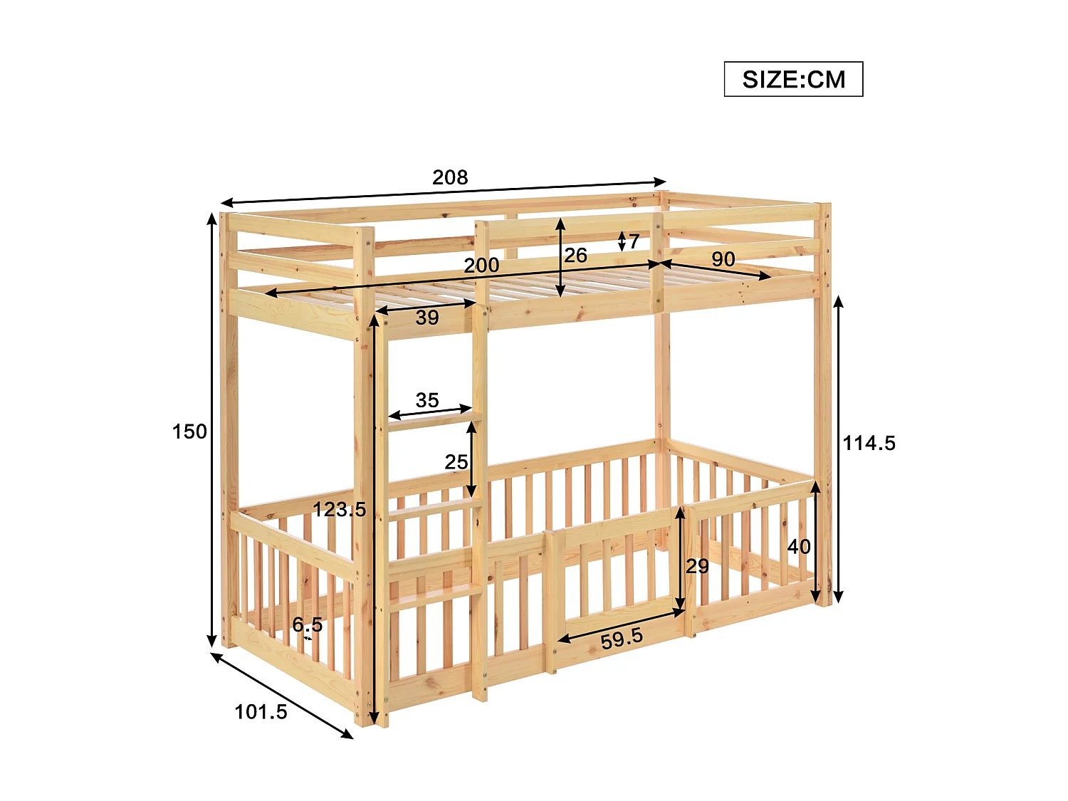 Beliche 90x200cm - cama de criança com escadas e portas pequenas, proteção contra quedas e barreiras em madeira maciça - natural